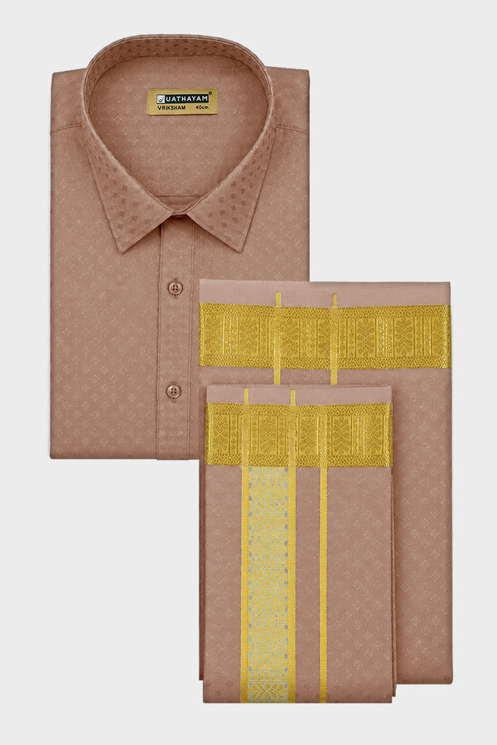 Vriksham Grand - Emboss Copper Shirt and Matching Double Layered Dhoti With Towel 3 in 1 Wedding Set For Mens | Uathayam