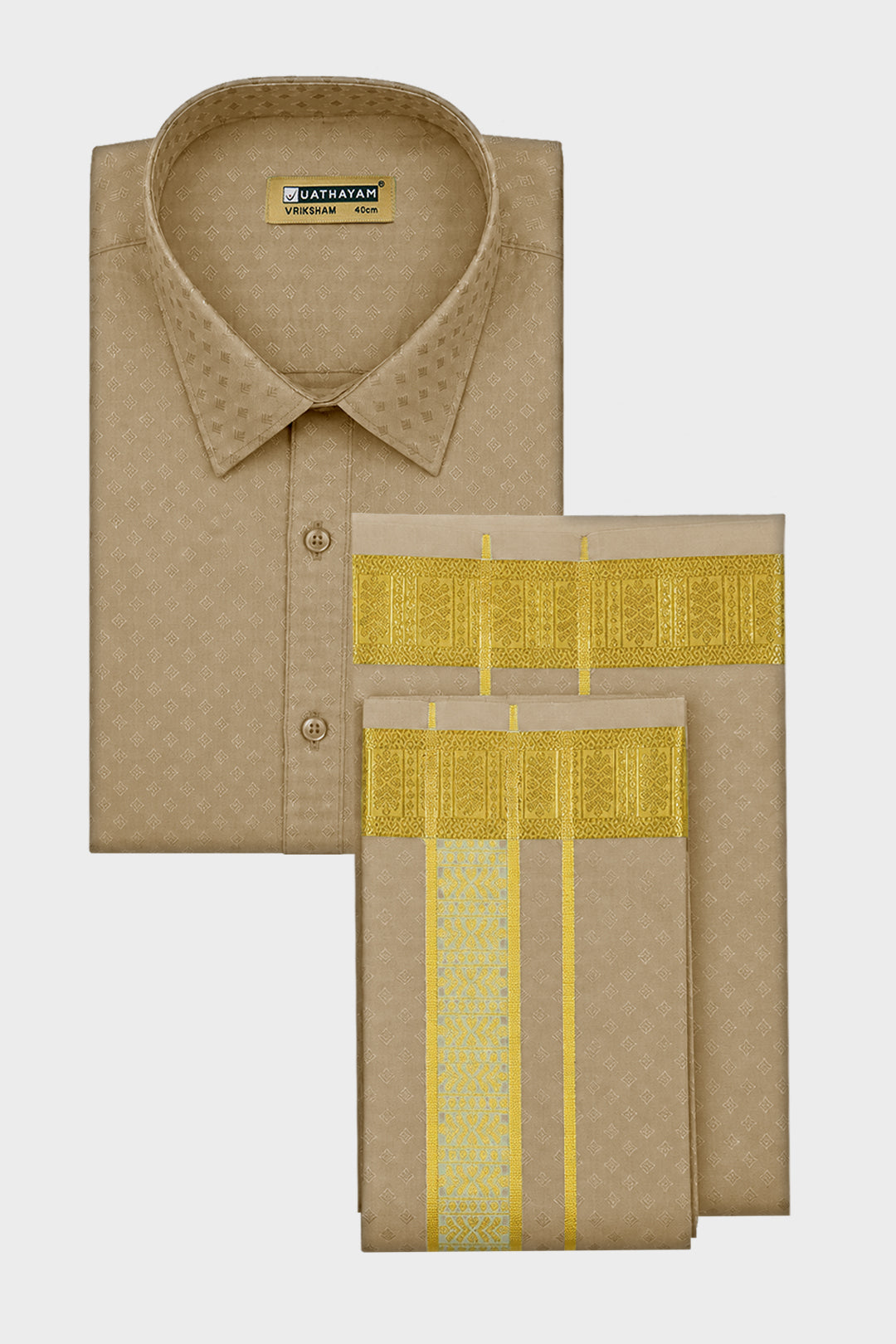 Vriksham Grand - Emboss Biscuit Shirt and Matching Double Layered Dhoti With Towel 3 in 1 Wedding Set For Mens | Uathayam