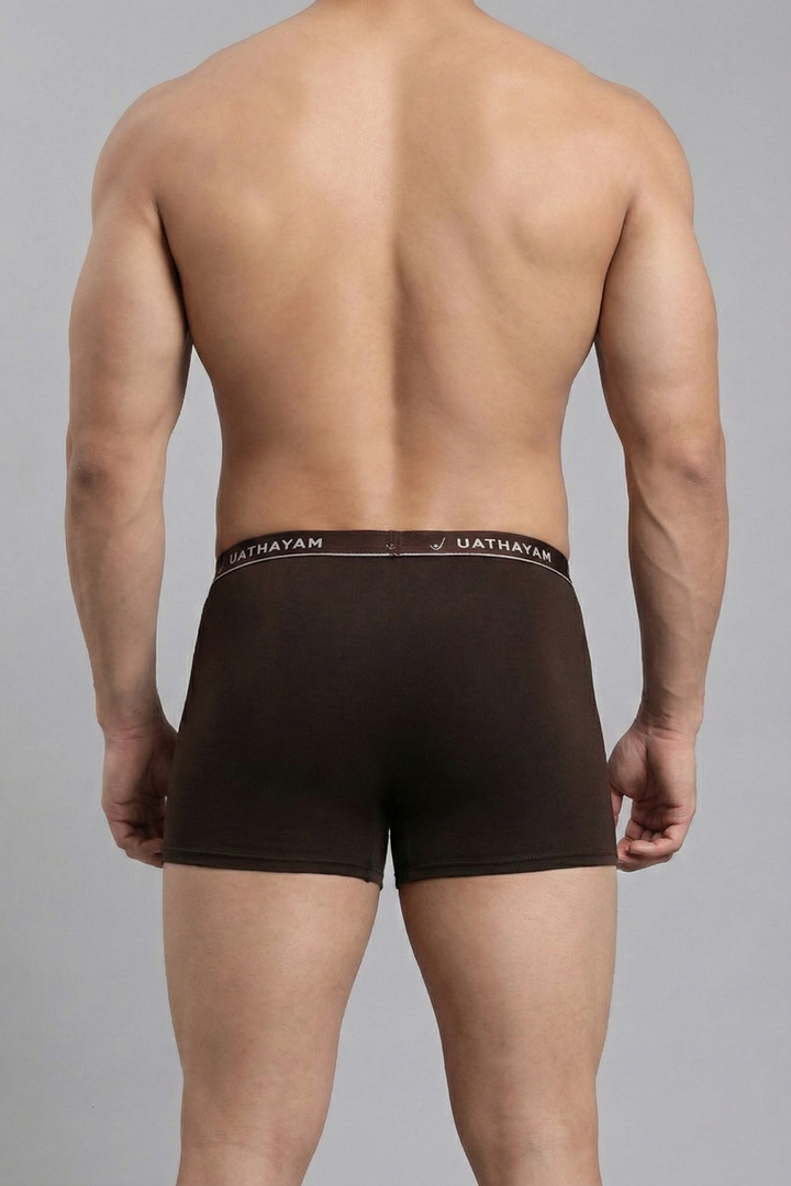 Man wearing brown boxer briefs with a visible brand logo on a gray background