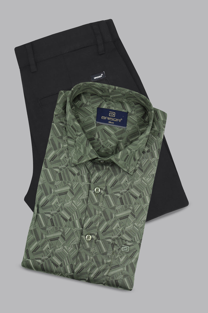 Green Printed ariser shirt and black pants on a gray background