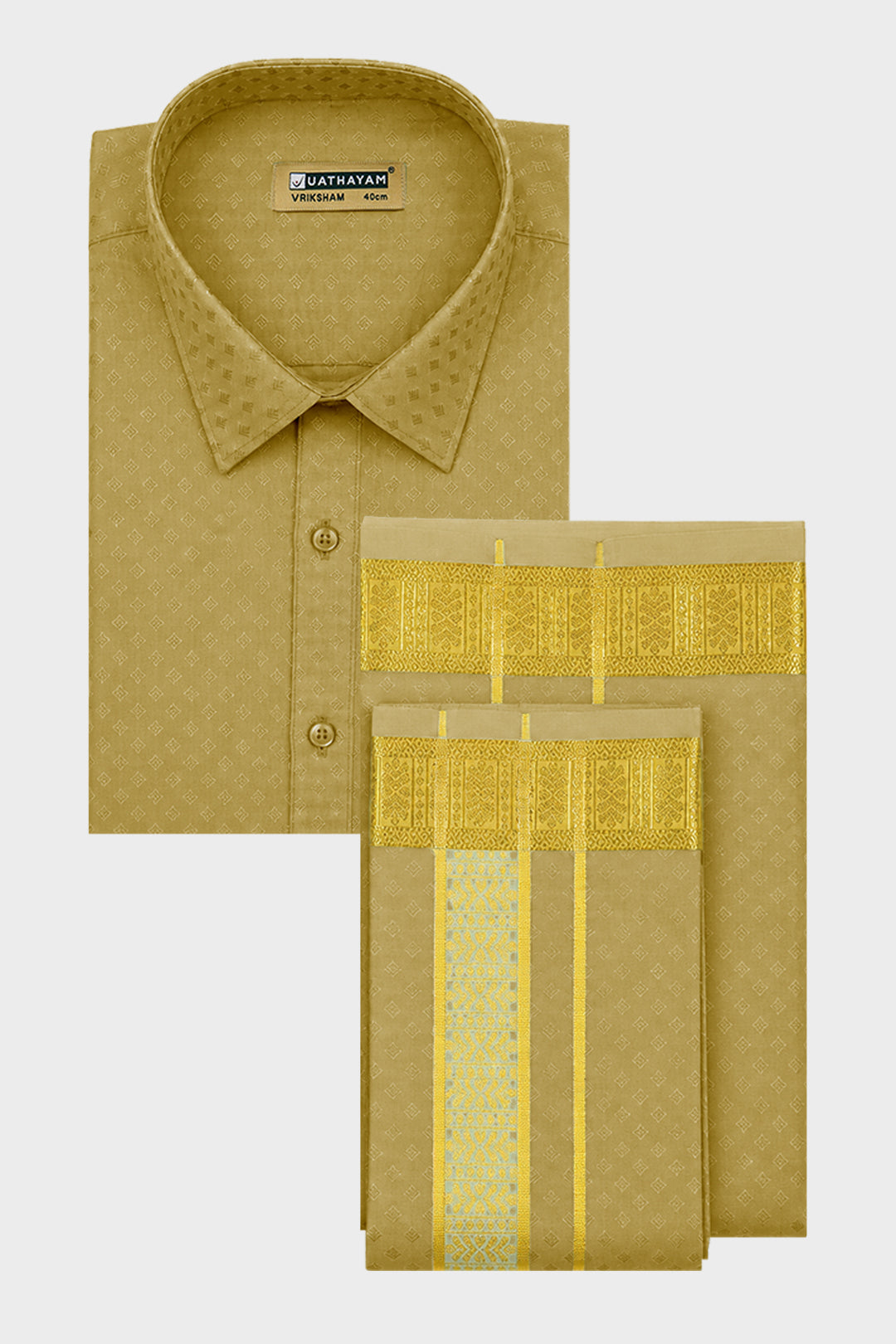 Vriksham Grand - Emboss Dark Jari Gold Shirt and Matching Double Layered Dhoti With Towel 3 in 1 Wedding Set For Mens | Uathayam