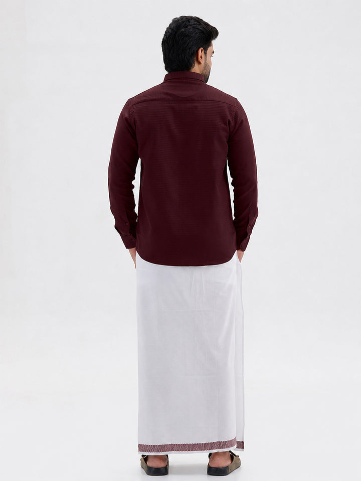 Majestic - Wine Maroon Matching Shirt And Single Layered Fancy Border Dhoti Set For Men | Uathayam