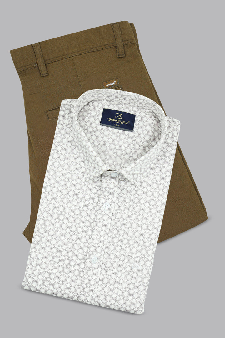 Premium ivory stone printed men’s shirt with coffee brown trouser
