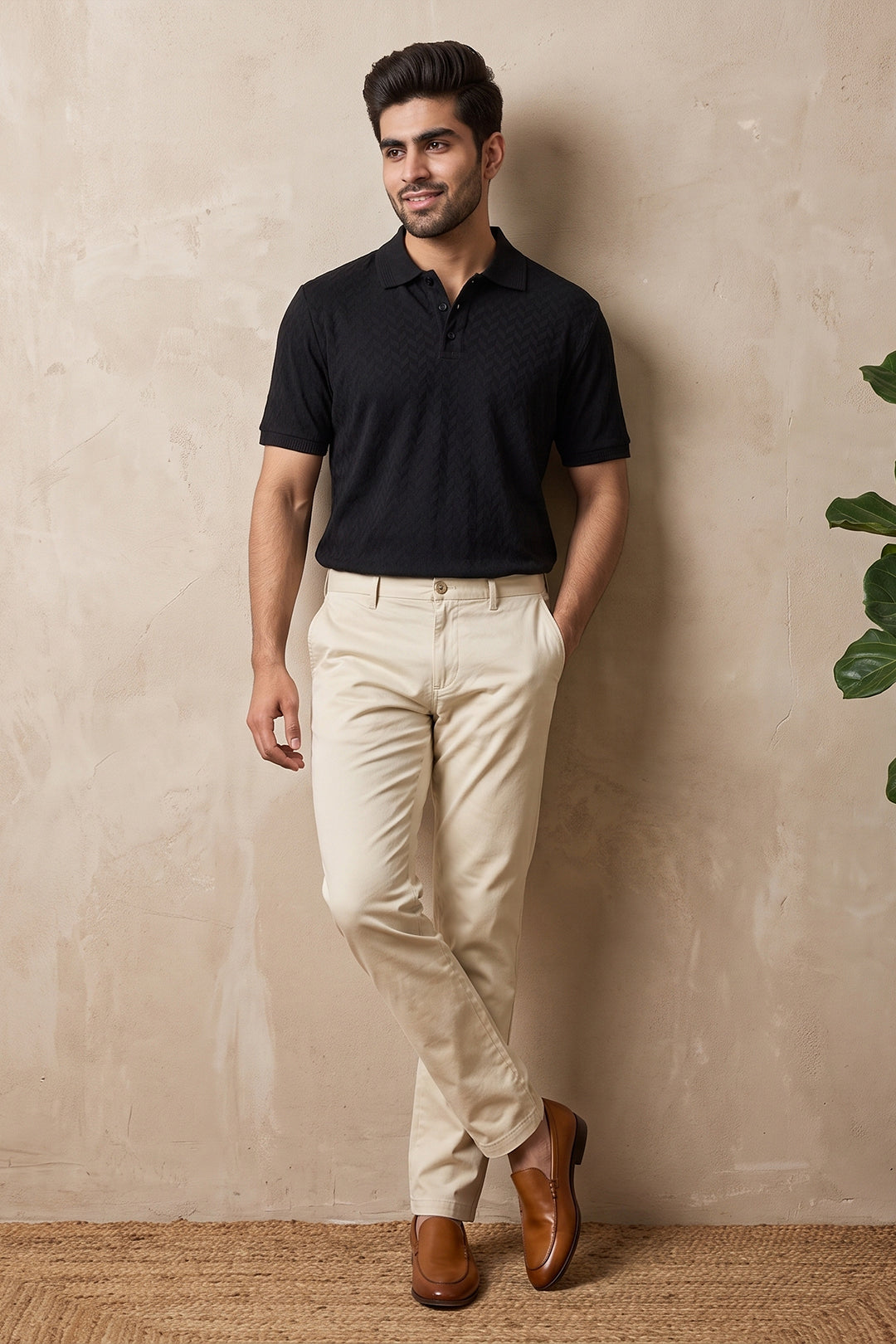 Fashion Polo + Modern Chino - Raven Black T-Shirt With Beige Trouser Combo For Men | Ariser