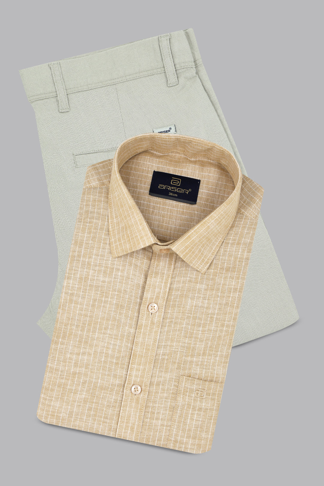 men tan shirt gray pants outfit