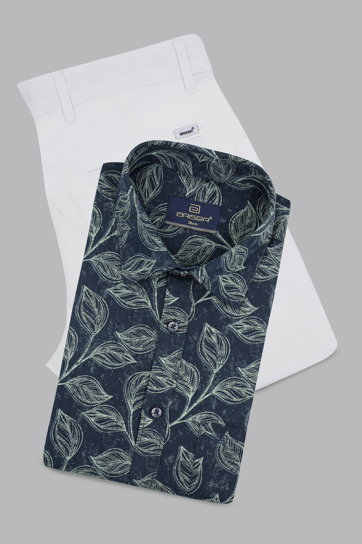 Blue leaf-patterned shirt on a white background
