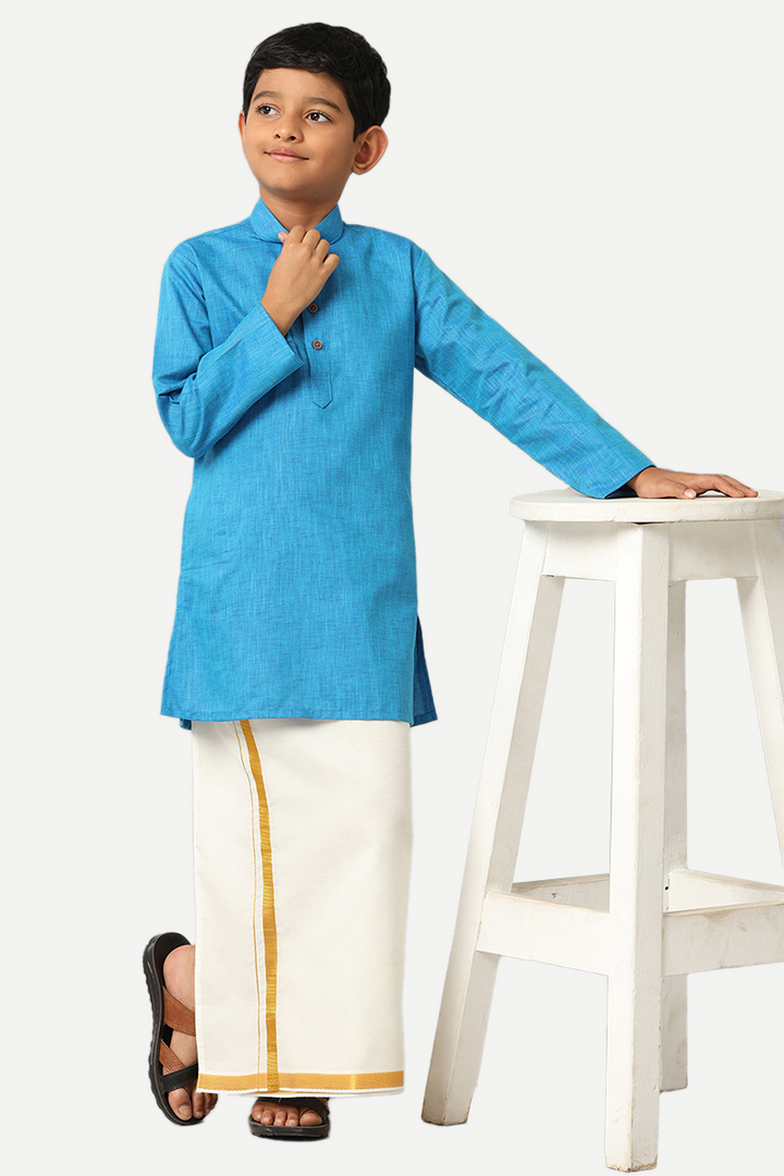 UATHAYAM Exotic Cotton Rich Full Sleeve Solid Regular Fit Kids Kurta + Dhoti 2 In 1 Set (Sea Blue)