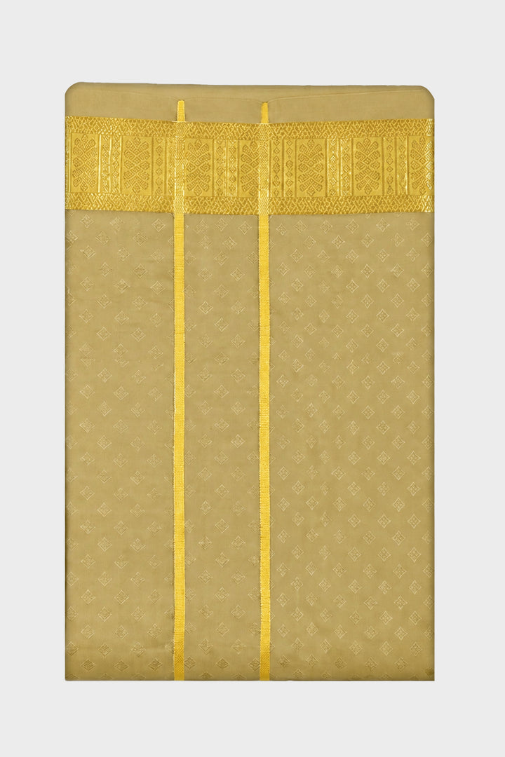 A folded beige fabric item, likely a saree or scarf, featuring a subtle woven pattern, a wide decorative gold border at the top, and two vertical gold stripes, shown against a light gray background.
