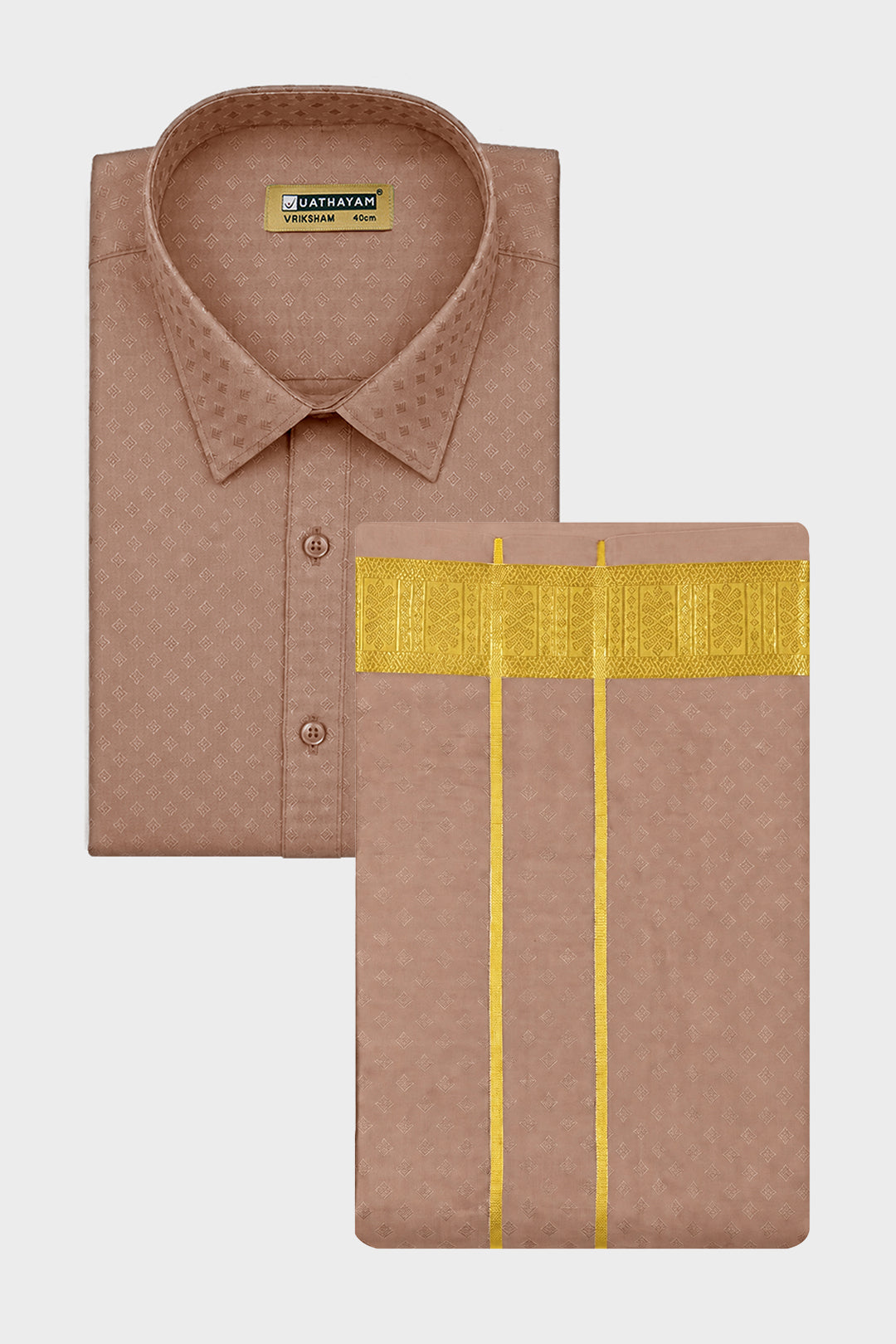 Vriksham Grand - Emboss Copper Shirt and Matching Double Layered Dhoti Set 2 in 1 Wedding Set For Mens | Uathayam