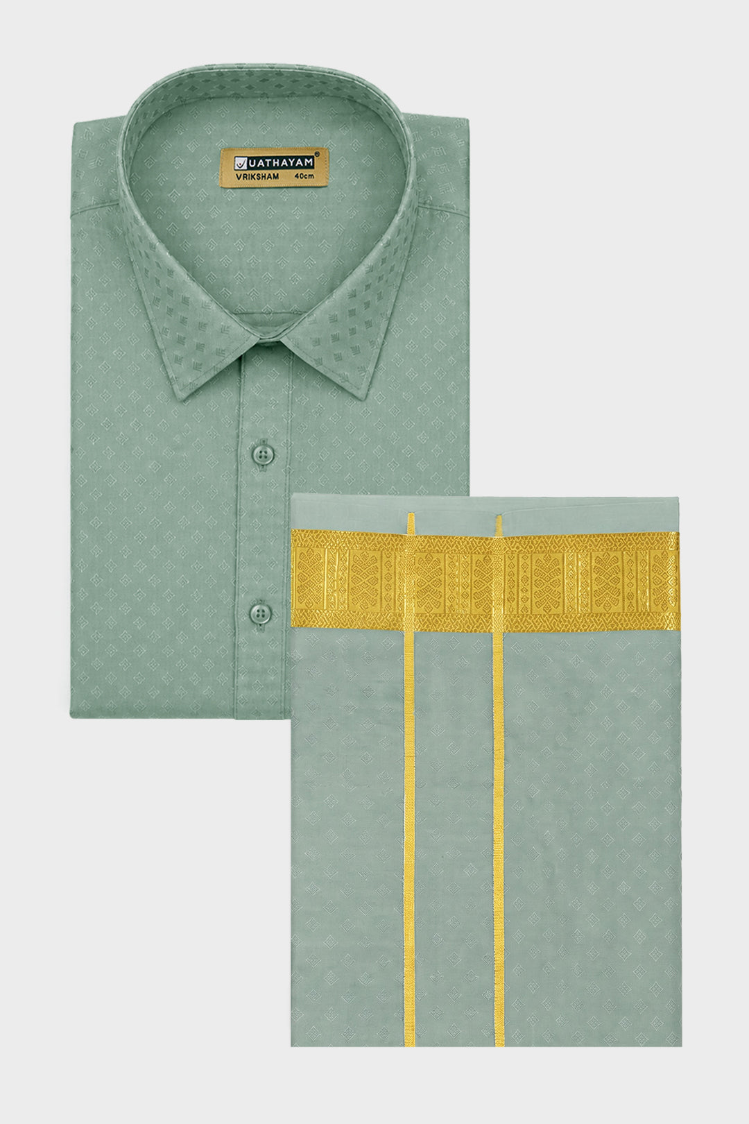 Vriksham Grand - Emboss Pista Shirt and Matching Double Layered Dhoti Set 2 in 1 Wedding Set For Mens | Uathayam