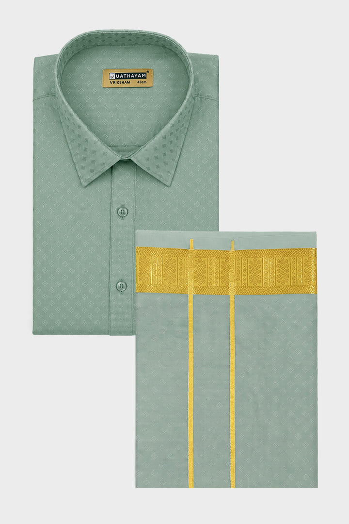 Vriksham Grand - Emboss Pista Shirt and Matching Double Layered Dhoti Set 2 in 1 Wedding Set For Mens | Uathayam