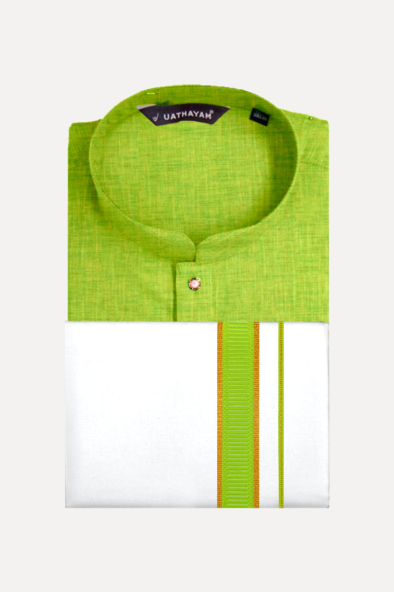 UATHAYAM Fluorescent Green Color Exotic Long Kurta Matching Fancy Border Dhoti Set Full Sleeve For Men - 60002 (Assorted Borders)