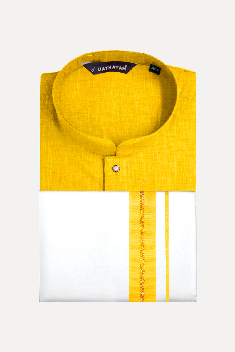 UATHAYAM Deep Yellow Color Exotic Long Kurta Matching Fancy Border Dhoti Set Full Sleeve For Men - 60003 (Assorted Borders)