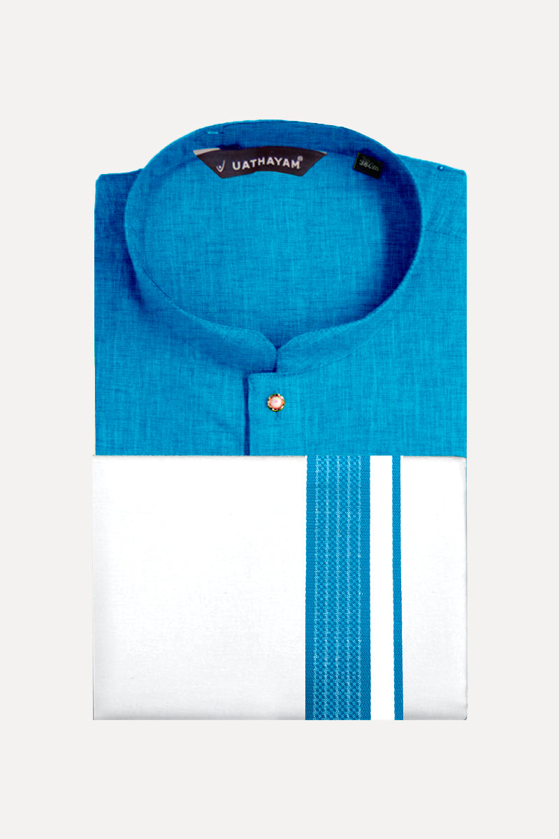 UATHAYAM Sky Blue Color Exotic Long Kurta Matching Fancy Border Dhoti Set Full Sleeve For Men - 60004 (Assorted Borders)