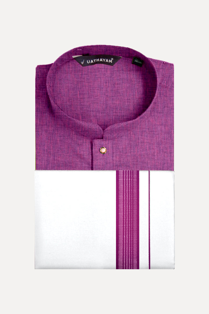UATHAYAM Iris Purple Color Exotic Long Kurta Matching Fancy Border Dhoti Set Full Sleeve For Men - 60009 (Assorted Borders)