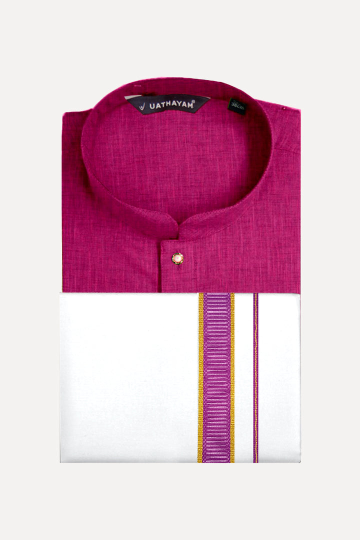 UATHAYAM Plum Pink Color Exotic Long Kurta Matching Fancy Border Dhoti Set Full Sleeve For Men - 60011 (Assorted Borders)