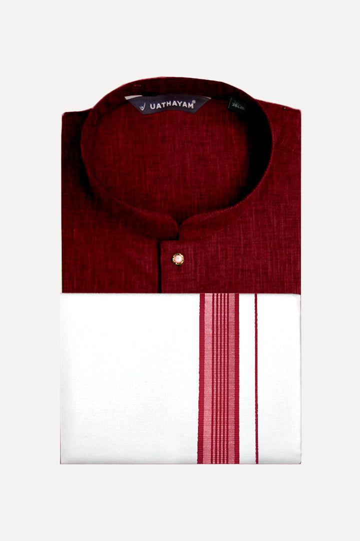 UATHAYAM Blood Red Color Exotic Long Kurta Matching Fancy Border Dhoti Set Full Sleeve For Men - 60013 (Assorted Borders)