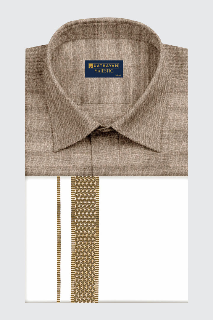 Majestic - Sand Beige Matching Shirt And Single Layered Fancy Border Dhoti Set For Men | Uathayam