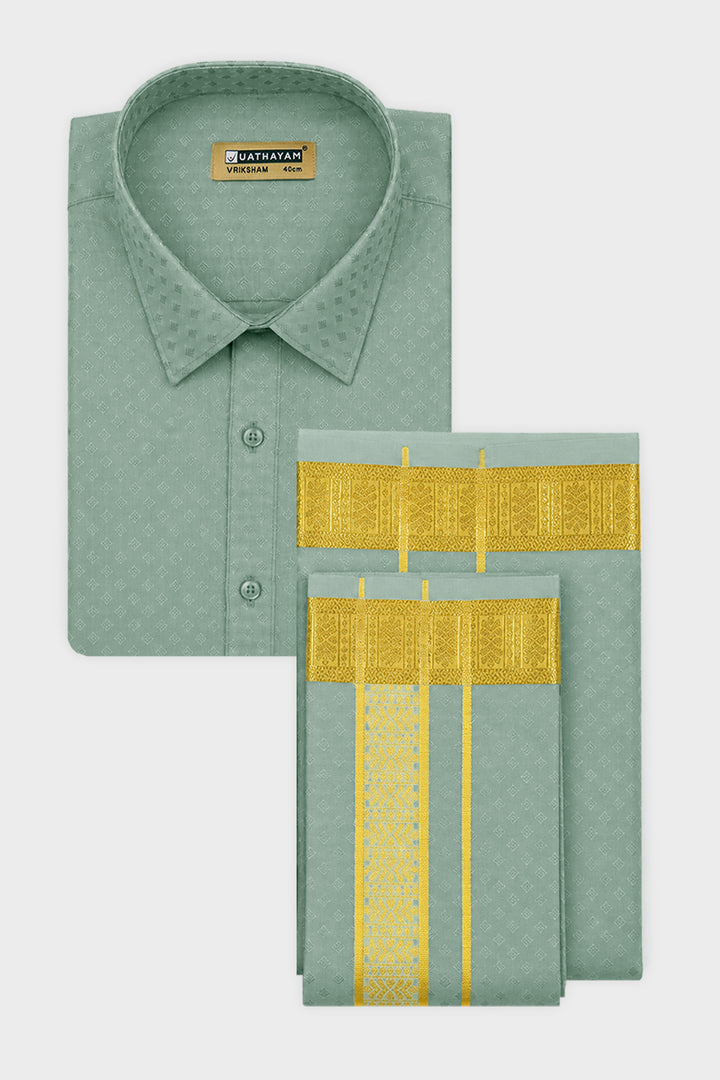 Vriksham Grand - Emboss Pista Shirt and Matching Double Layered Dhoti With Towel 3 in 1 Wedding Set For Mens | Uathayam
