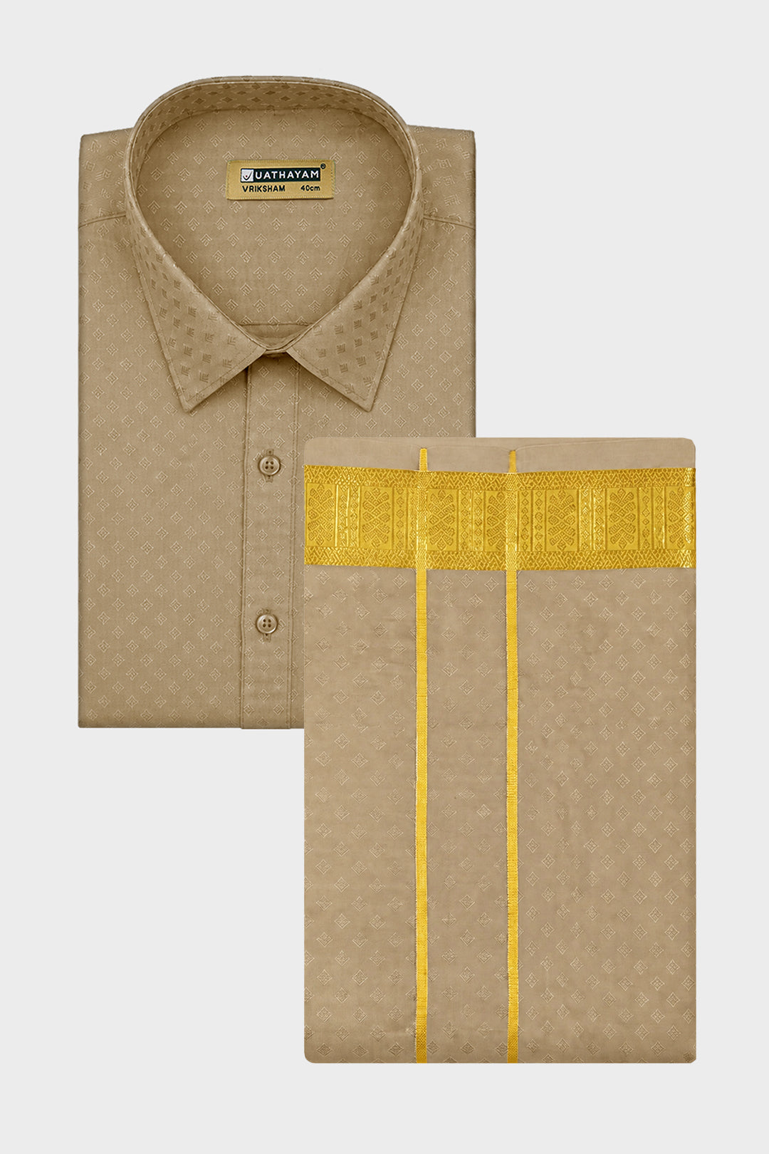 Vriksham Grand - Emboss Biscuit Shirt and Matching Double Layered Dhoti Set 2 in 1 Wedding Set For Mens | Uathayam