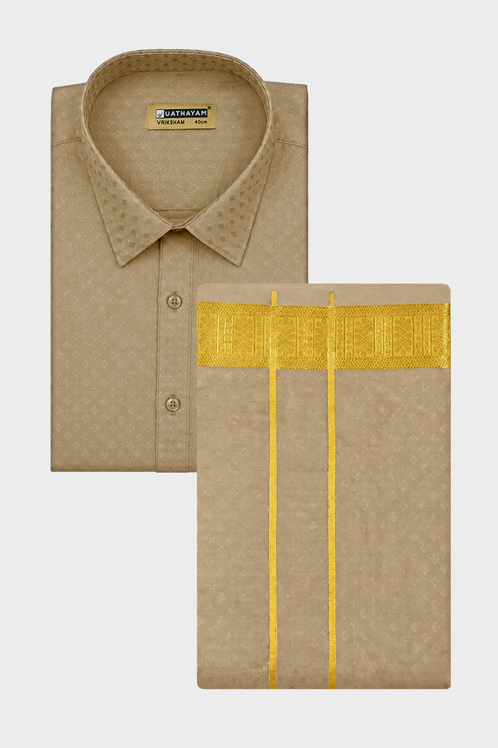 Vriksham Grand - Emboss Biscuit Shirt and Matching Double Layered Dhoti Set 2 in 1 Wedding Set For Mens | Uathayam