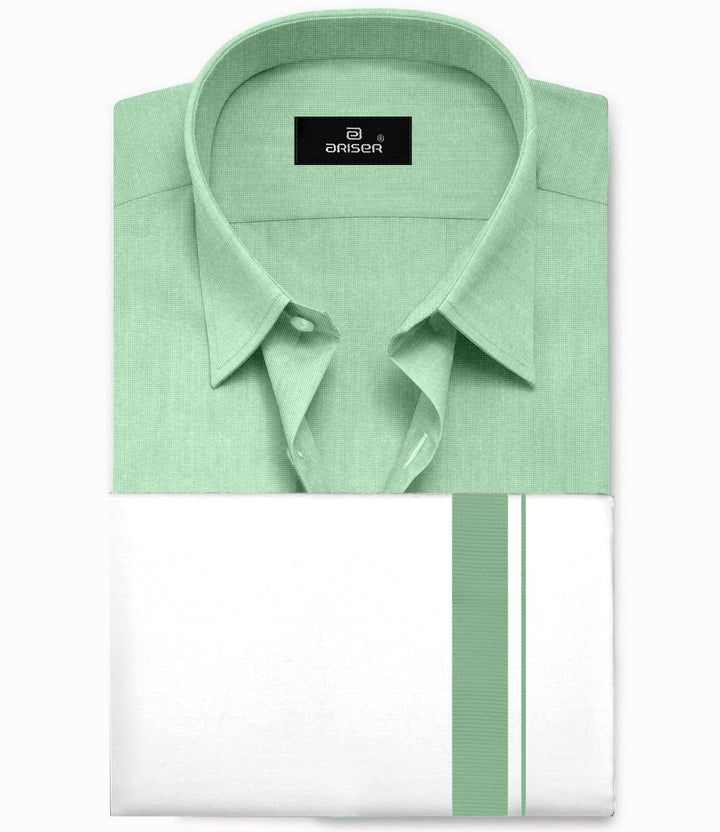 UATHAYAM Coral Green Color Solid Cotton Shirt and Matching Fancy Border Dhoti For Men