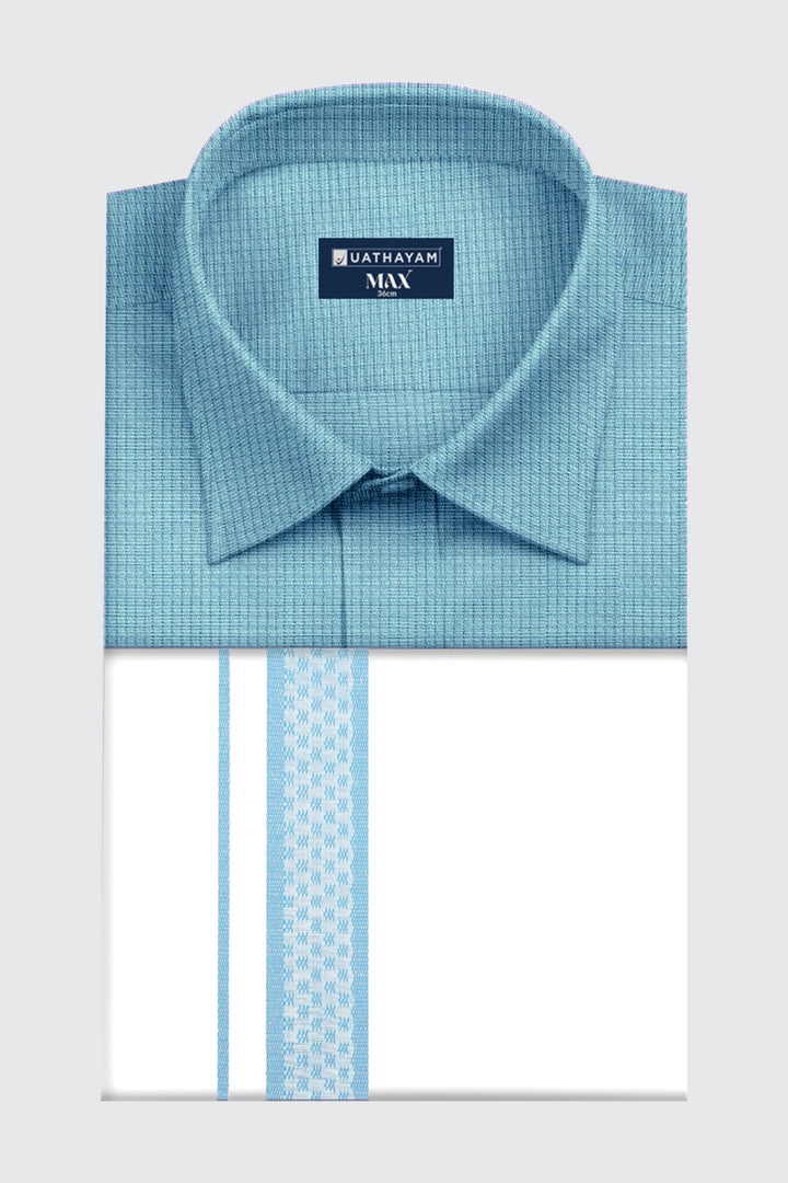 Max - Cool Aqua Blue Matching Shirt And Single Layered Fancy Border Dhoti Set For Men | Uathayam