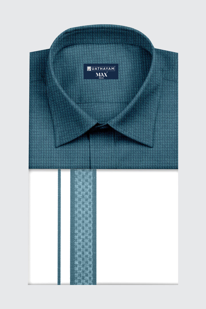 Max - Deep Teal Green Matching Shirt And Single Layered Fancy Border Dhoti Set For Men | Uathayam