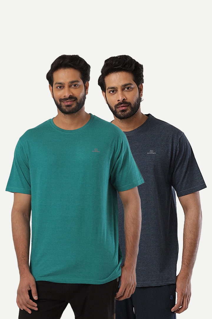 Round Neck - Teal Green and Navy Melange Cotton Rich Blend Solid T-Shirt Pack Of 2 Combo For Men | Ariser
