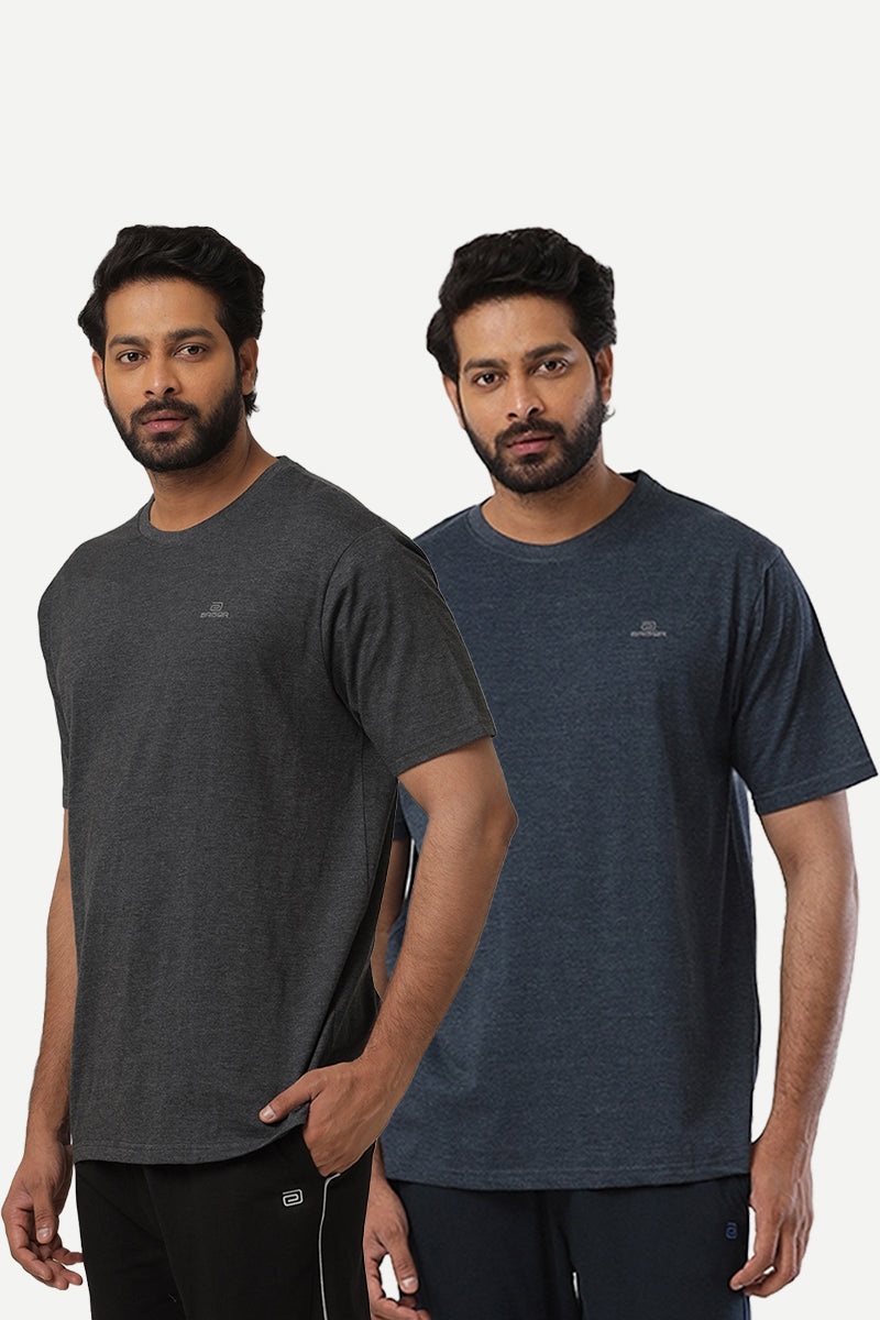 Round Neck - Charcoal Melange and Navy Melange Solid T-Shirt Pack Of 2 Combo For Men | Ariser
