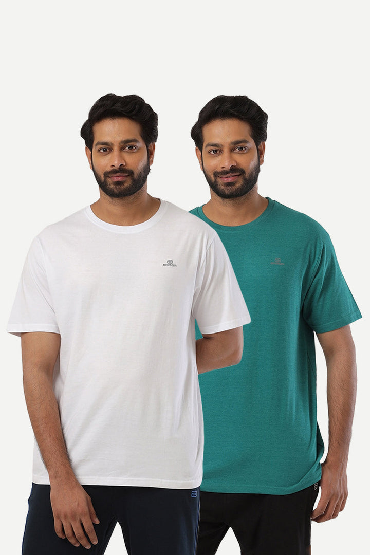 Round Neck - Teal Green and White Cotton Rich Blend Solid T-Shirt Pack Of 2 Combo For Men | Ariser