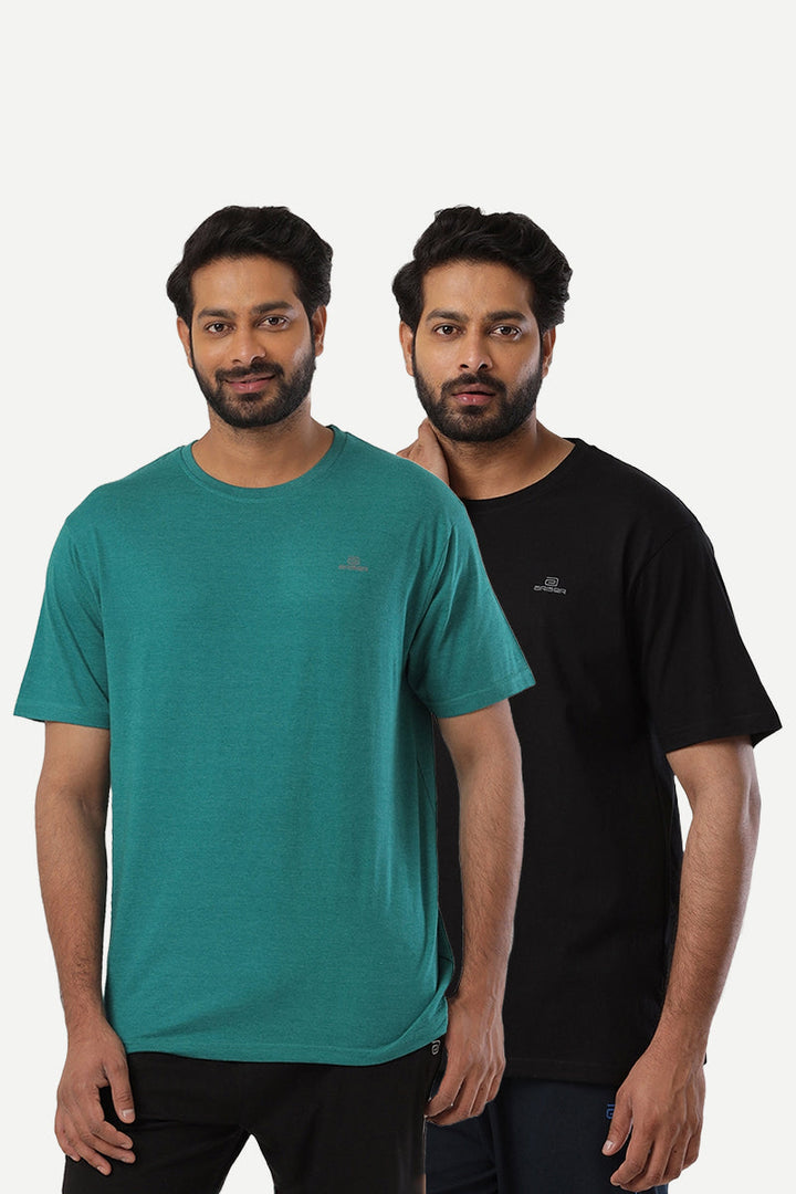 Round Neck - Teal Green and Black Cotton Rich Blend Solid T-Shirt Pack Of 2 Combo For Men | Ariser