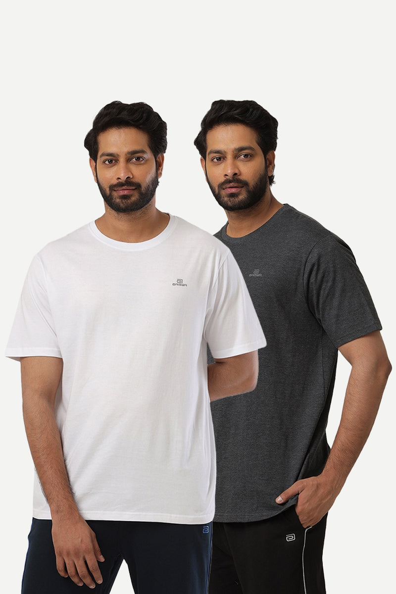 Round Neck - Charcoal Melange and White Solid T-Shirt Pack Of 2 Combo For Men | Ariser