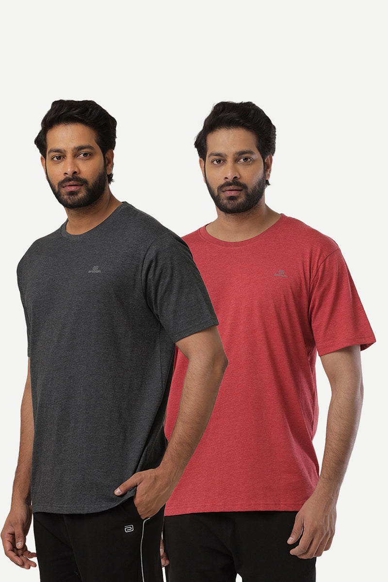 Round Neck - Charcoal Melange and Red Solid T-Shirt Pack Of 2 Combo For Men | Ariser