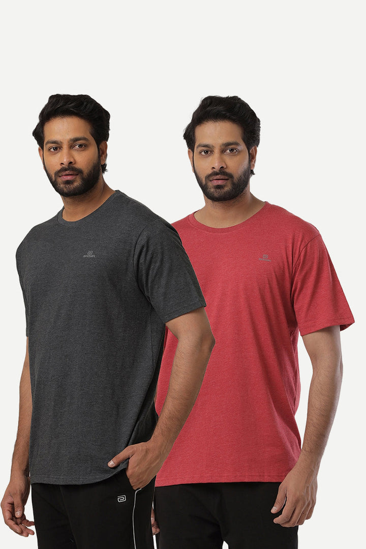 Round Neck - Charcoal Melange and Red Solid T-Shirt Pack Of 2 Combo For Men | Ariser