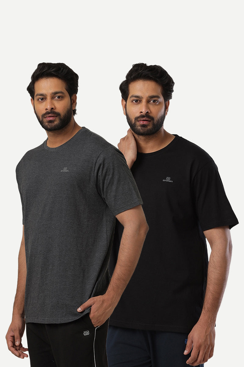 Round Neck - Charcoal Melange and Black Solid T-Shirt Pack Of 2 Combo For Men | Ariser