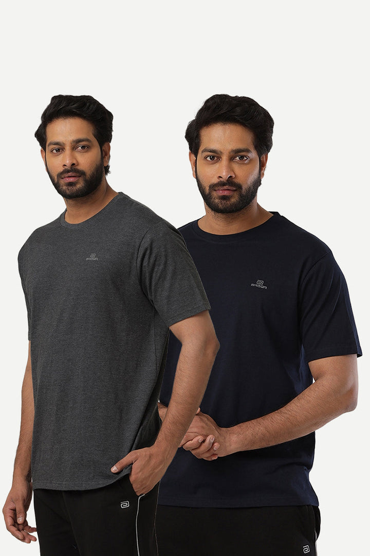 Round Neck - Charcoal Melange and Navy Blue Solid T-Shirt Pack Of 2 Combo For Men | Ariser
