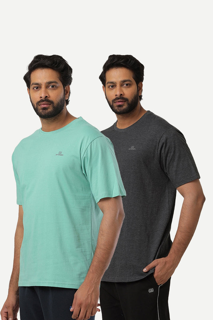 Round Neck - Charcoal Melange and Light Green Solid T-Shirt Pack Of 2 Combo For Men | Ariser