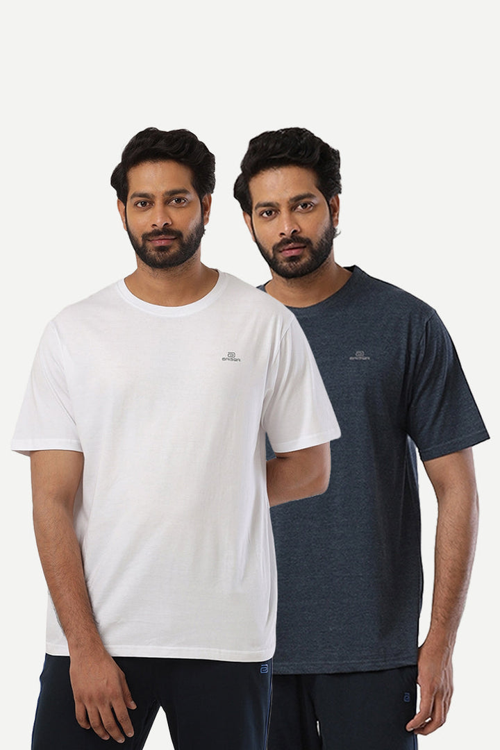 Round Neck - White and Dark Navy Cotton Rich Blend Solid T-Shirt Pack Of 2 Combo For Men | Ariser
