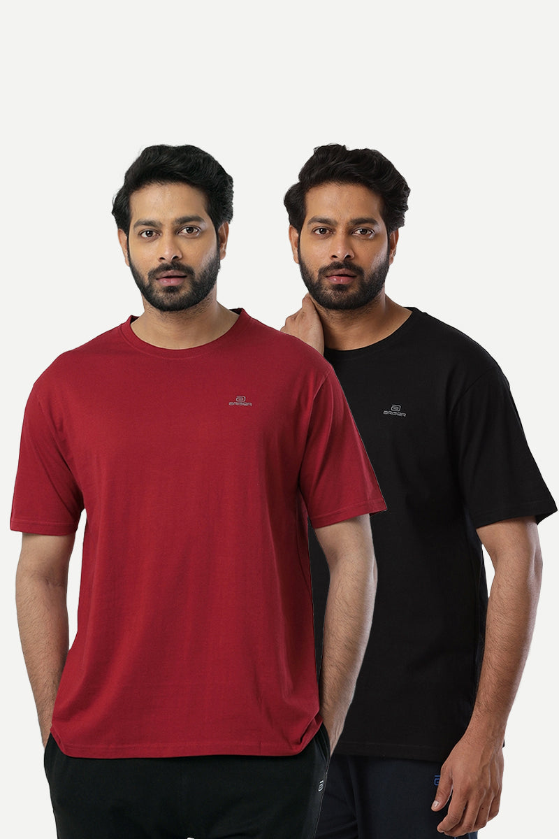 Round Neck - Black and Red Solid T-Shirt Pack Of 2 Combo For Men | Ariser