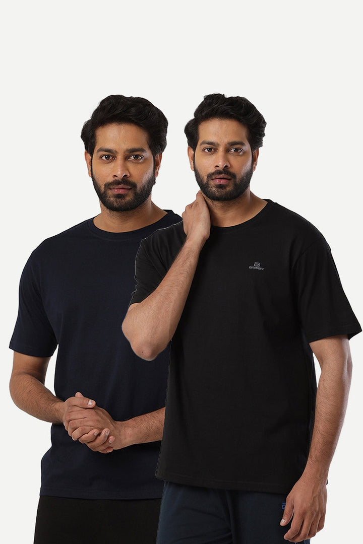 Round Neck - Black and Navy Blue Solid T-Shirt Pack Of 2 Combo For Men | Ariser