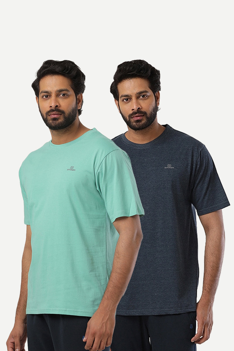 Round Neck - Light Green and Navy Cotton Rich Blend Solid T-Shirt Pack Of 2 Combo For Men | Ariser