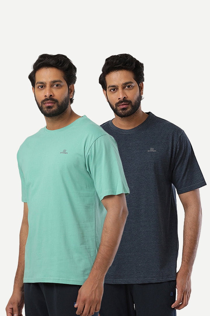 Round Neck - Light Green and Navy Cotton Rich Blend Solid T-Shirt Pack Of 2 Combo For Men | Ariser