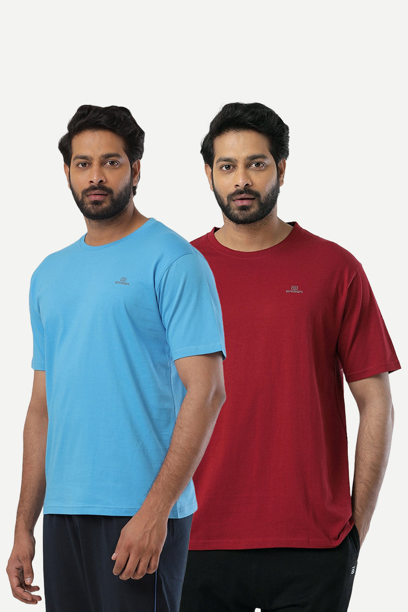 Round Neck - Blue and Red Melange Solid T-Shirt Pack Of 2 Combo For Men | Ariser
