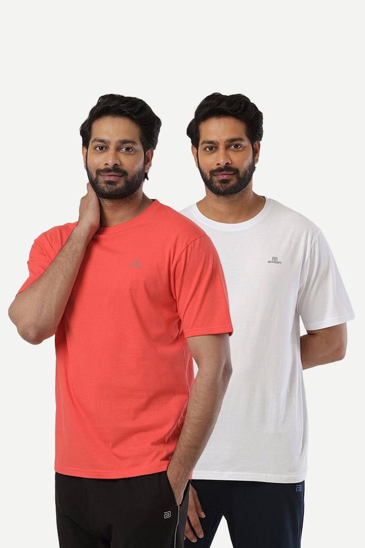 Round Neck - Orange and White Solid T-Shirt Pack Of 2 Combo For Men | Ariser