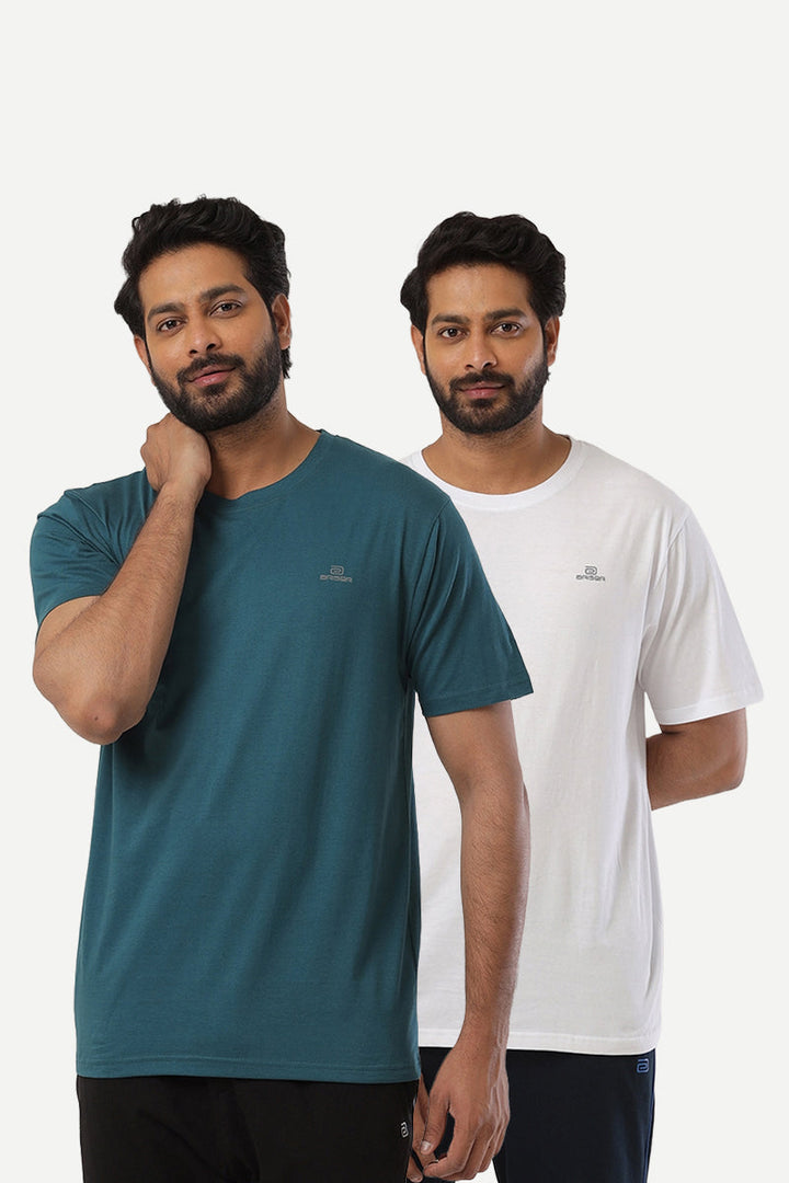 Round Neck - Dark Green and White Solid T-Shirt Pack Of 2 Combo For Men | Ariser