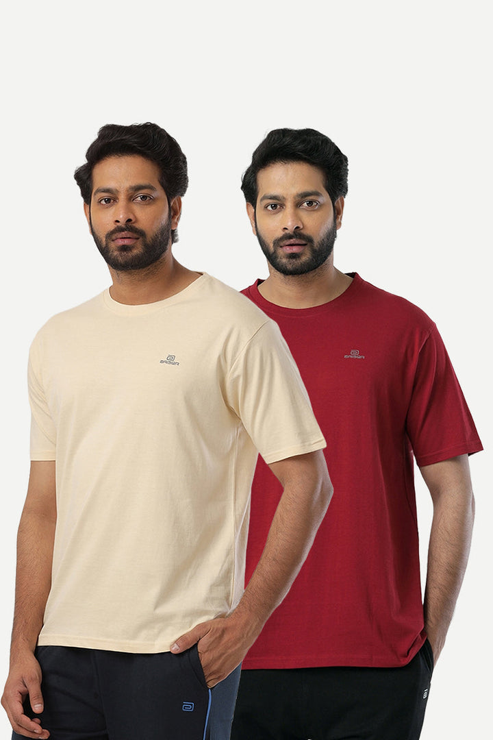 Round Neck - Coral Peach and Red Melange Solid T-Shirt Pack Of 2 Combo For Men | Ariser