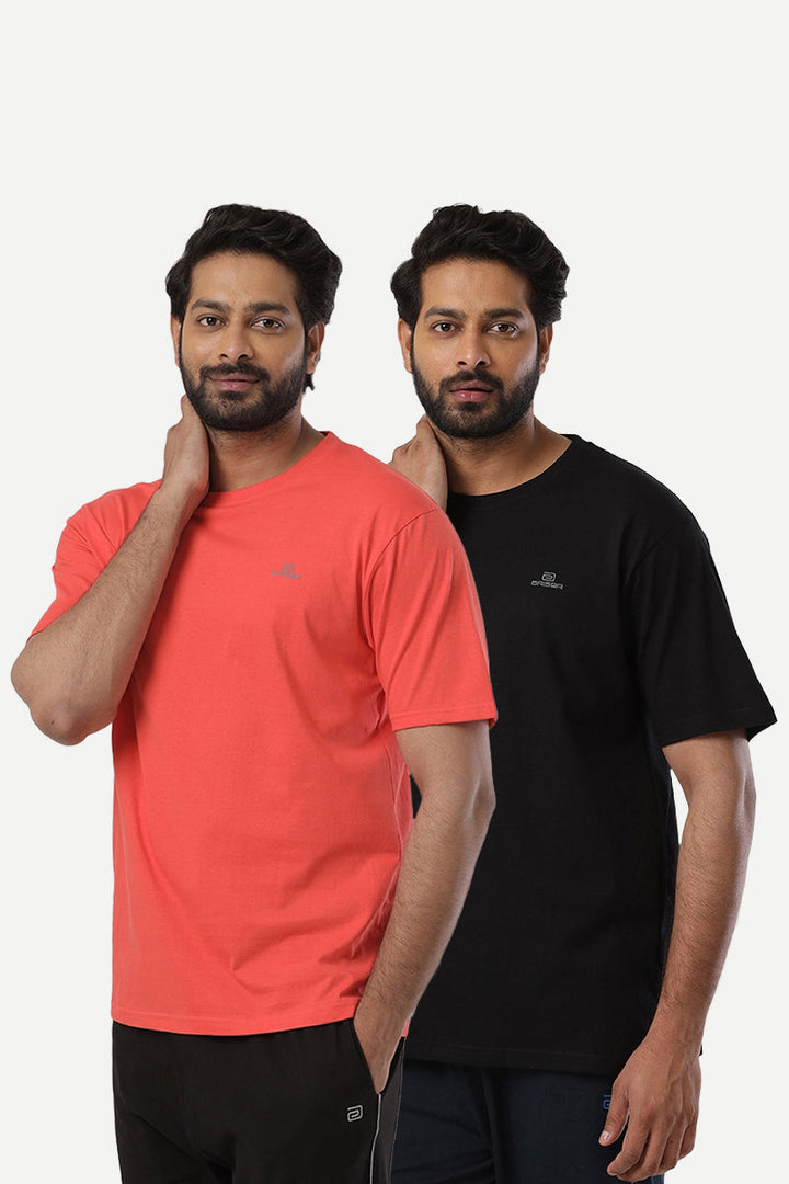 Round Neck - Orange and Black Solid T-Shirt Pack Of 2 Combo For Men | Ariser