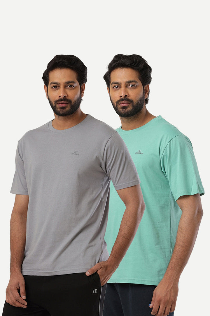 Round Neck - Iron Grey and Light Green Solid T-Shirt Pack Of 2 Combo For Men | Ariser