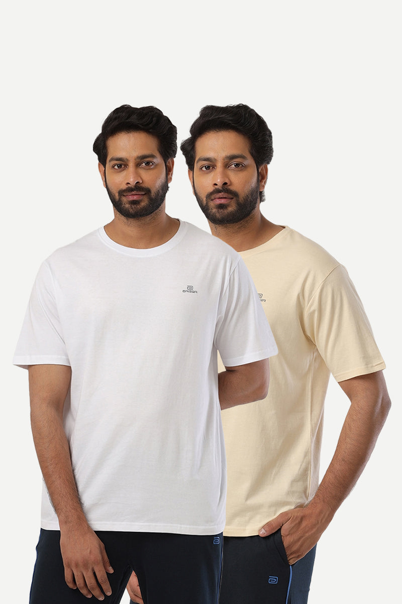 Round Neck - Coral Peach and White Solid T-Shirt Pack Of 2 Combo For Men | Ariser